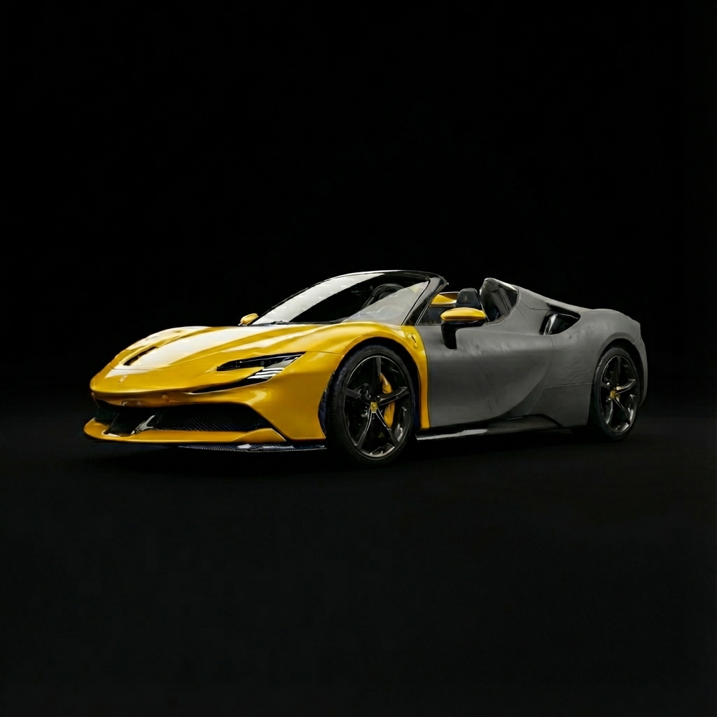 Track pack PPF coverage diagram showing hood fenders bumper and rocker panels on Ferrari SF90